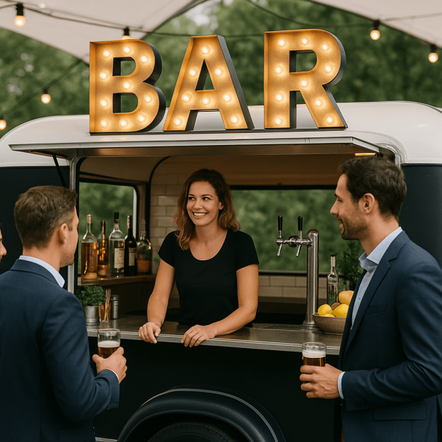 mobiele-bar-huren-de-eyecatcher-voor-jouw-bedrijfsfeest-of-festival Een vrouw staat achter de bar en 2 mannen hebben een biertjevast