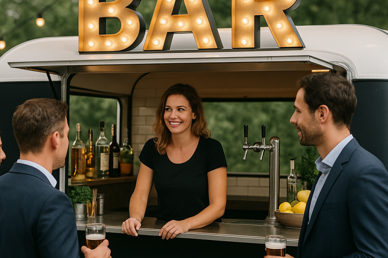 Een vrouw staat achter de bar en 2 mannen hebben een biertjevast