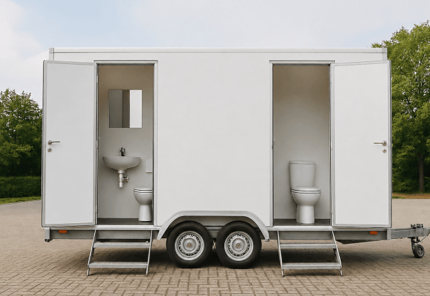 Een geopende mobiele toiletwagen op locatie met zicht op het hygiënische interieur, uitgerust met spoeltoiletten, een wastafel en een spiegel